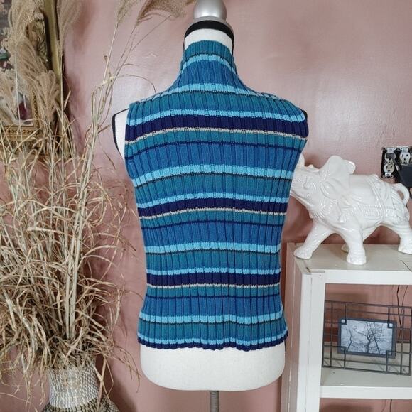 Eddie Bauer Size Small S Cotton Striped Stripes Blue Turtle Neck Sleeveless Ribb - Picture 3 of 11